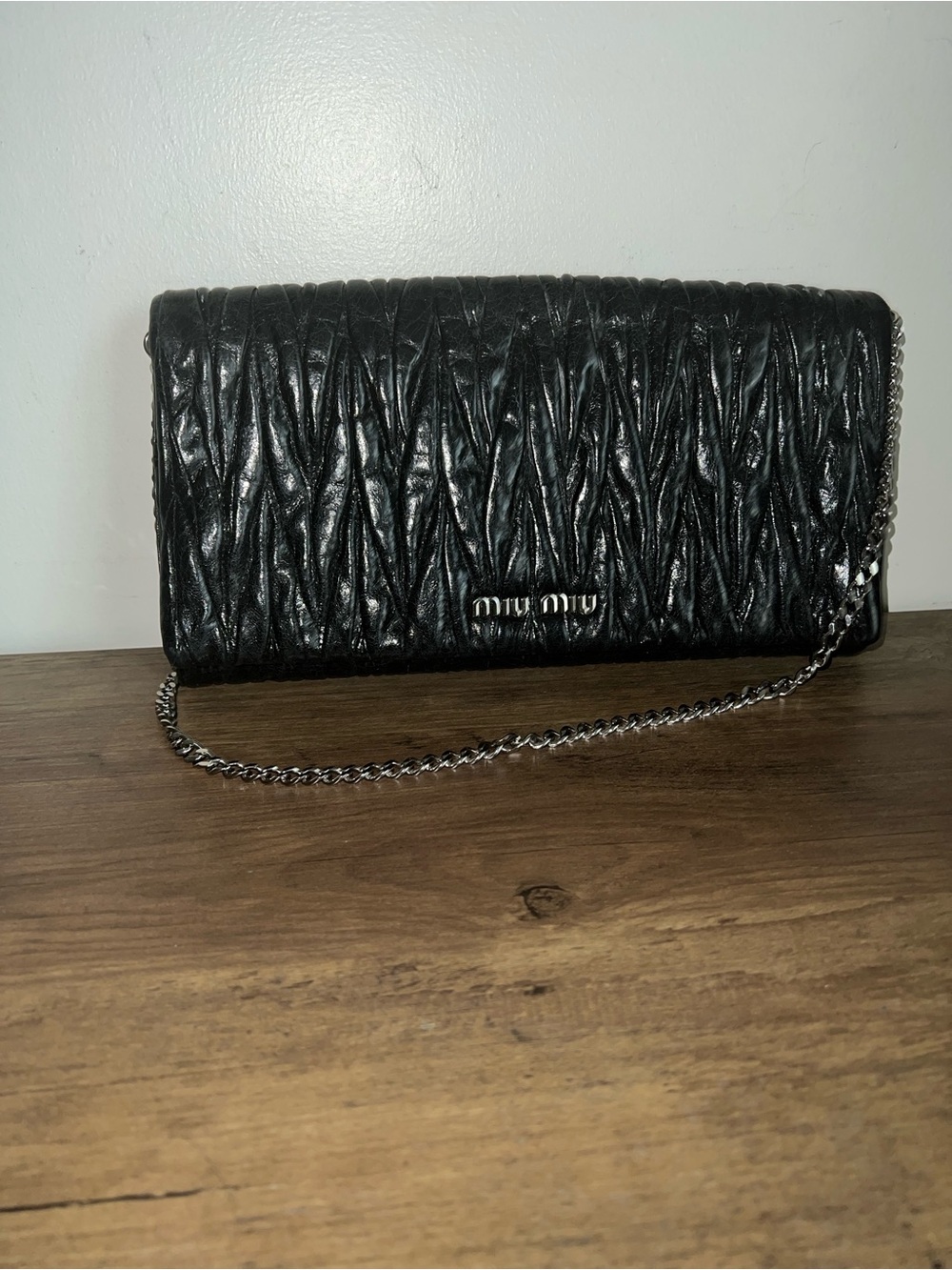 Miu Miu Black Matelassé Clutch with Silver Chain